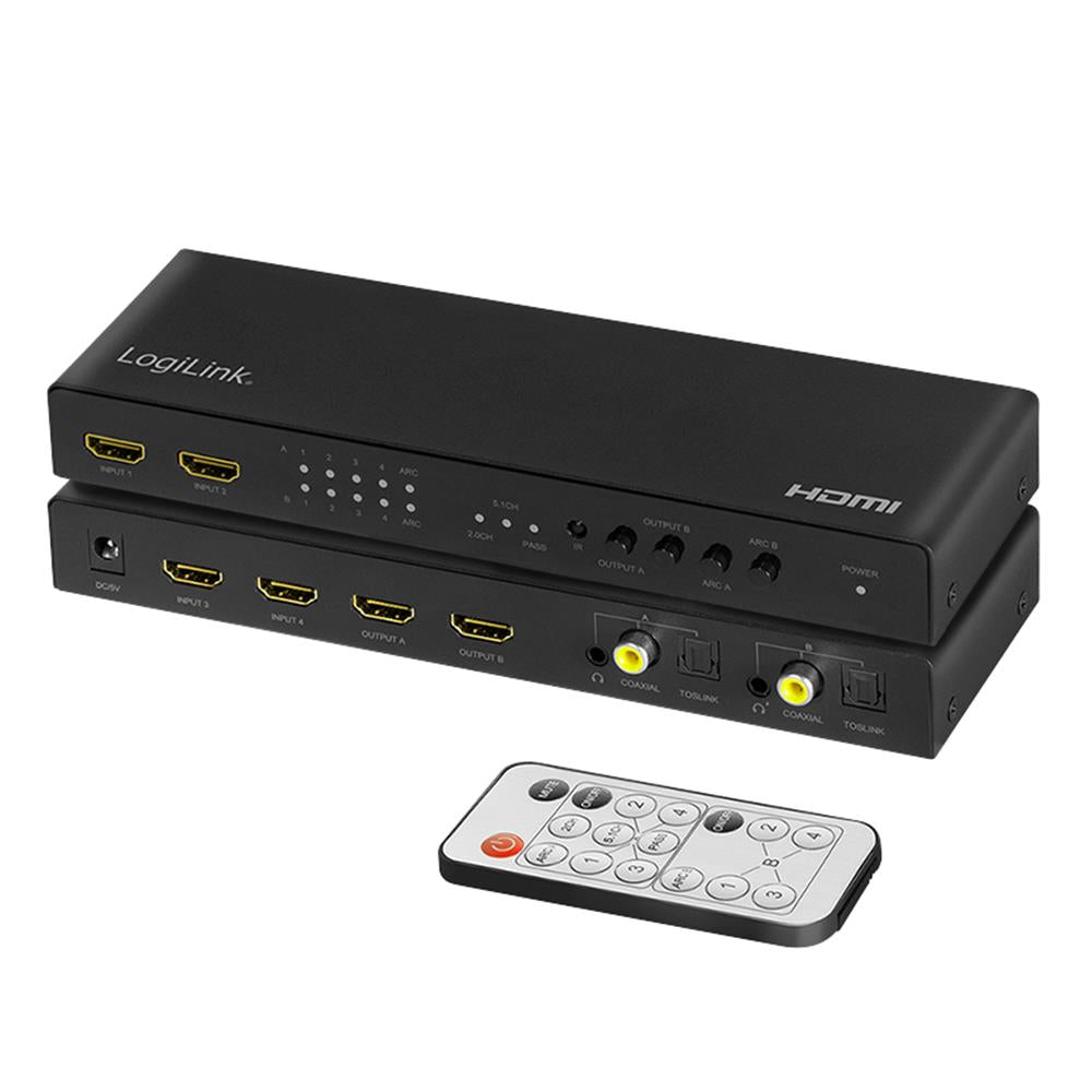 LogiLink HDMI-Switch, 4x2-Port, Matrix, 4K/60 Hz, HDR, ARC, Scaler, RC