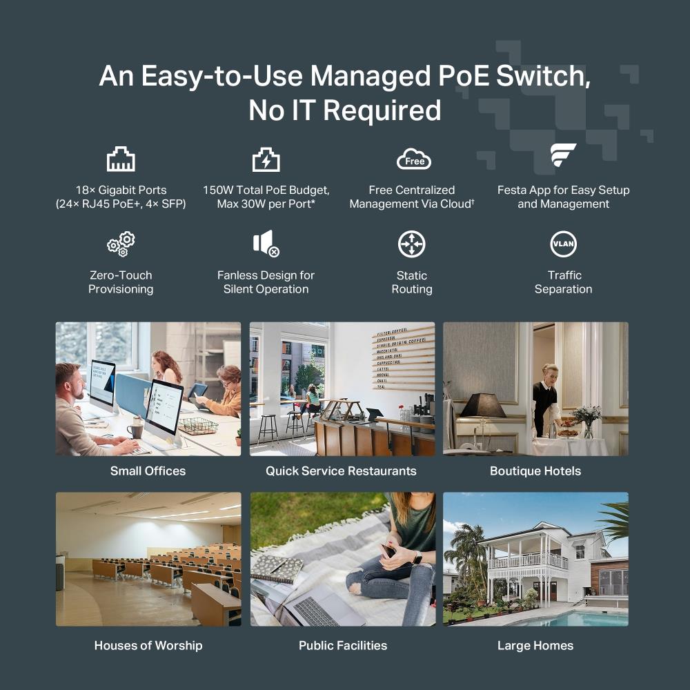 TP-Link Festa FS318GP 18 Port Gigabit PoE Plus Switch 150W SFP Cloud Managed