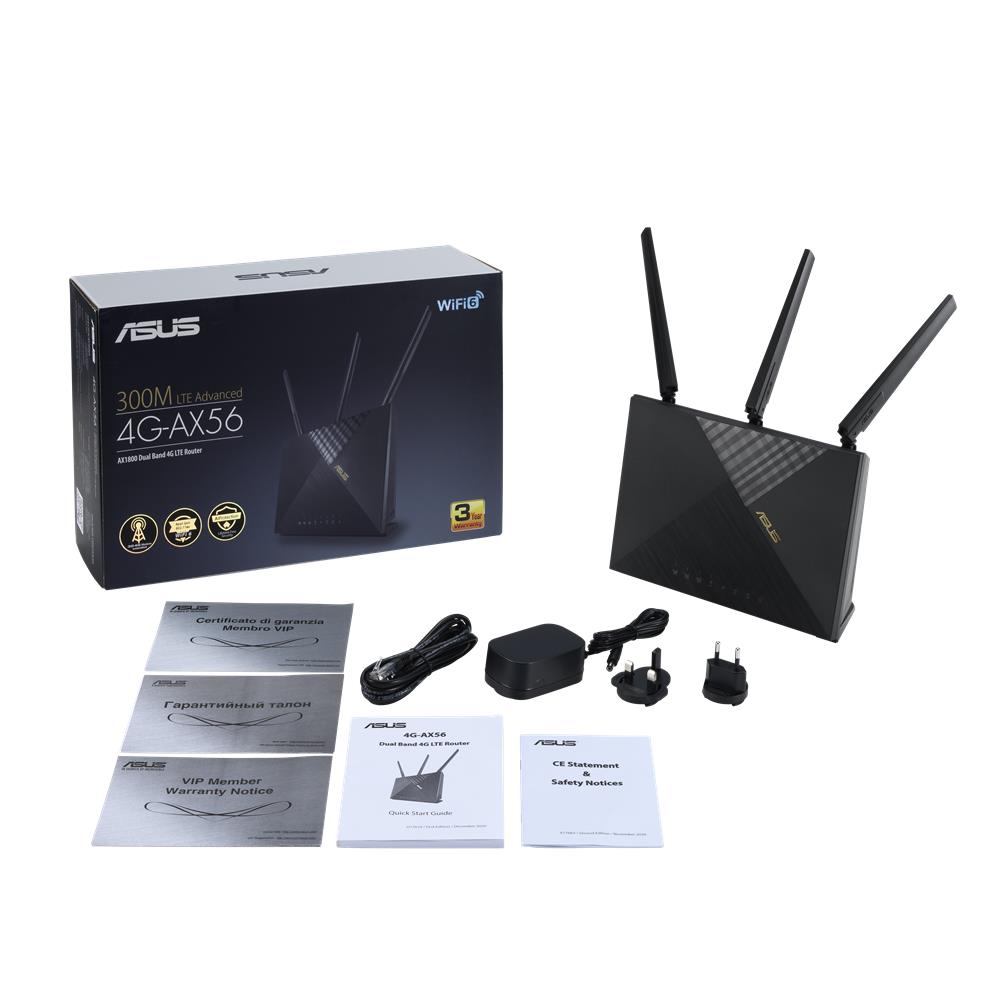 ASUS 4G-AX56 AX1800 LTE WLAN-Router WiFi-6 AX1800 SIM Slot LTE Cat. 6 bis zu 300 Mbits Gigabit LAN