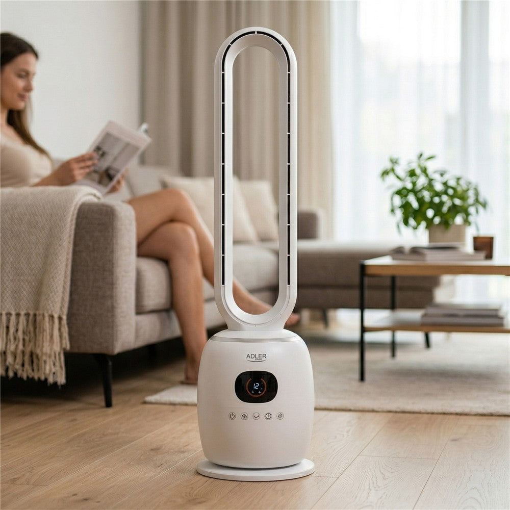 Adler AD 7344 blattloser Turmventilator, 86 cm, mit Fernbedienung, 60°-Schwenkbereich, 3 Geschwindigkeitsstufen, 3 Betriebsmodi, 1–12-Stunden-Timer, LED-Display