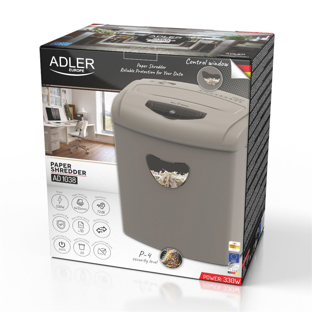 Adler AD 1038 Aktenvernichter, P-4 Dokumentenschredder für Papier, Kreditkarten und CD/DVDs, 10 Blatt, 21 Liter