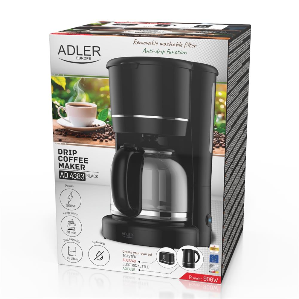 Adler AD 4383 Filterkaffeemaschine 1,5 L Schwarz mit Warmhaltefunktion und Nylonfilter