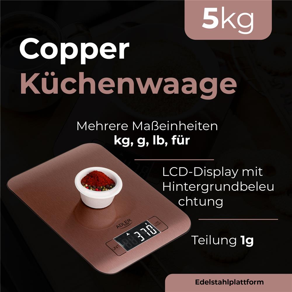 Adler AD 3183 Küchenwaage digital Haushaltswaage LCD Anzeige hintergrundbeleuchtet Kupferfarben