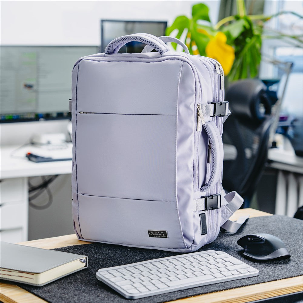 Camry CR 6881lp Reiserucksack 24L erweiterbar, Handgepäck Rucksack mit Laptopfach bis 15,6 Zoll, Business Backpack mit RFID-Fach, USB-Anschluss, Trolleykompatibel helllila