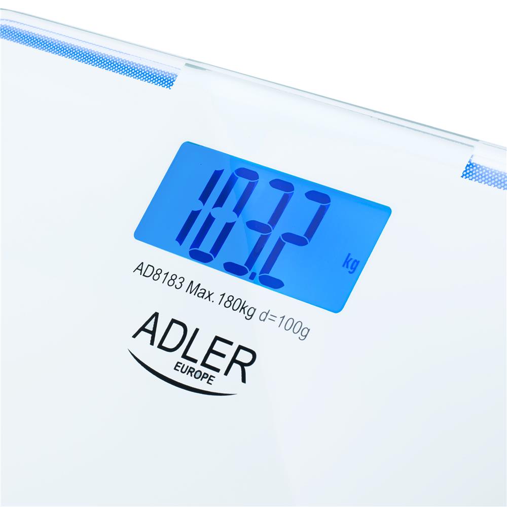 Adler AD 8183 Badezimmerwaage 180kg Personenwaage mit blauer Rand Beleuchtung weiß