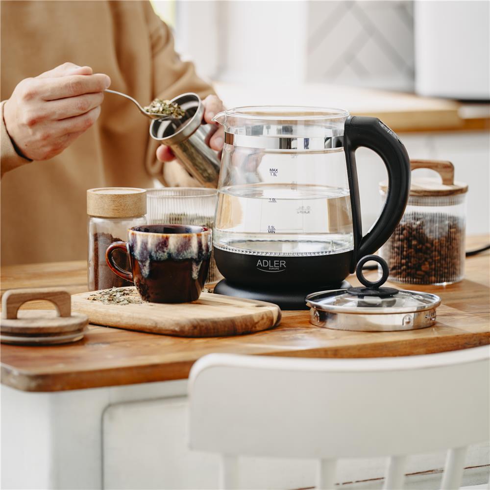 Adler AD 1299 Black Glas-Wasserkocher mit Temperaturregelung, Teesieb, LED-Beleuchtung, 1,5 L