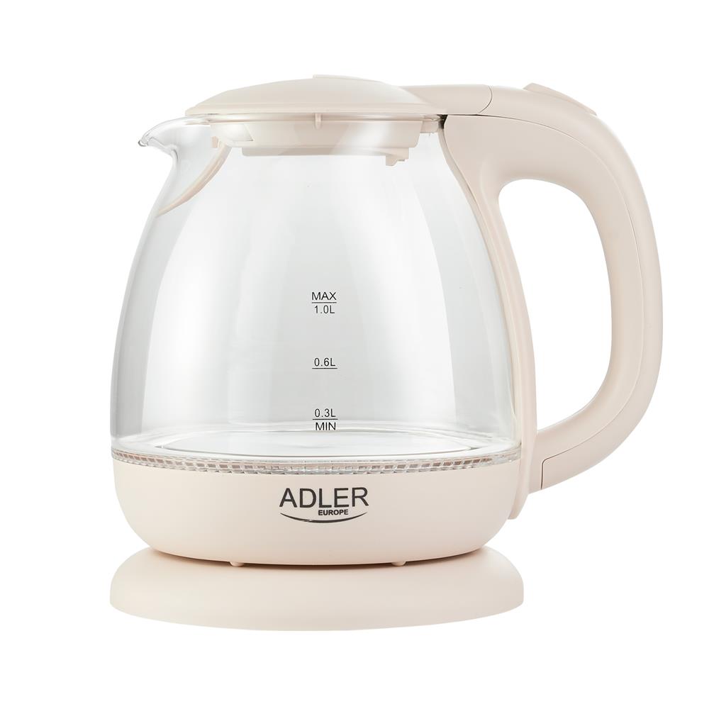 Adler AD 1283C Glaswasserkocher in Beige, 1 Liter, 1100 Watt, mit LED-Beleuchtung