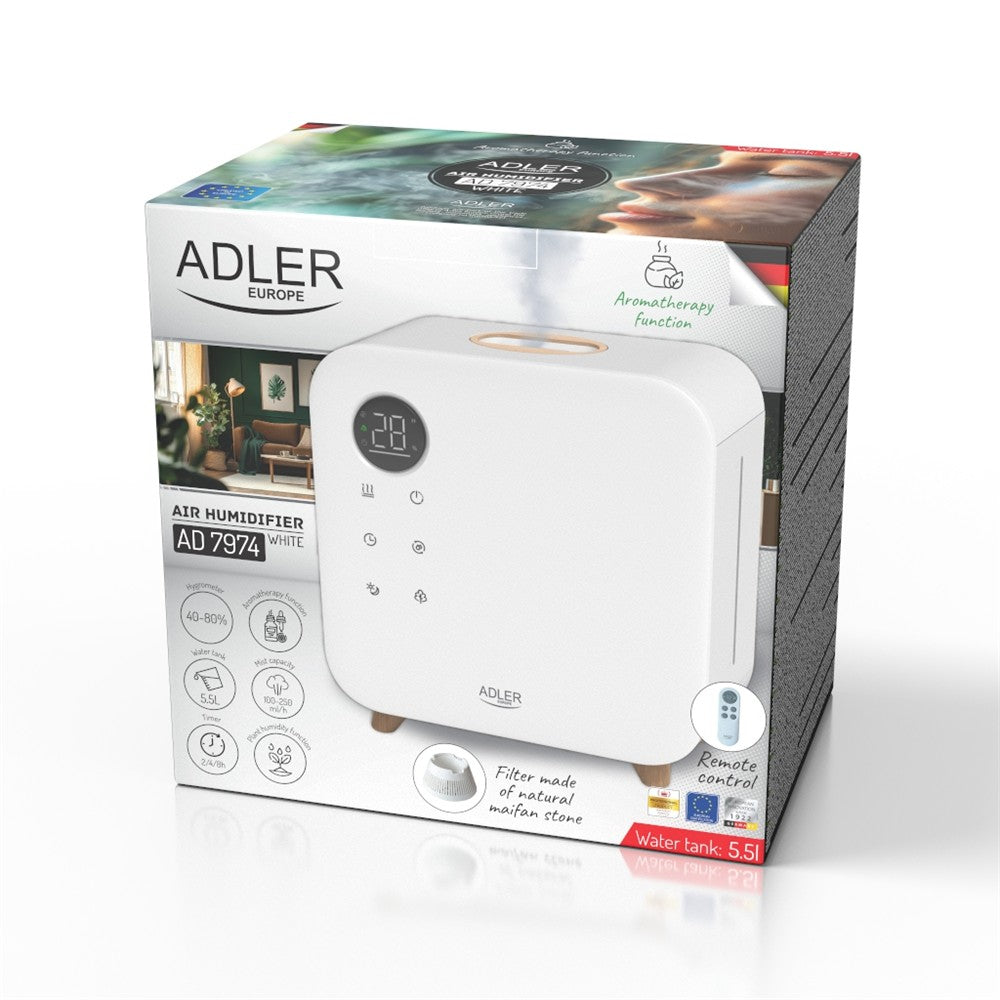 Adler AD 7974W Ultraschall Luftbefeuchter 5,5 L, Top Fill Raumluftbefeuchter mit Hygrostat 40-80 %, LED Display, Kaltnebel, Nachtmodus, Pflanzenmodus, Timer, Weiß