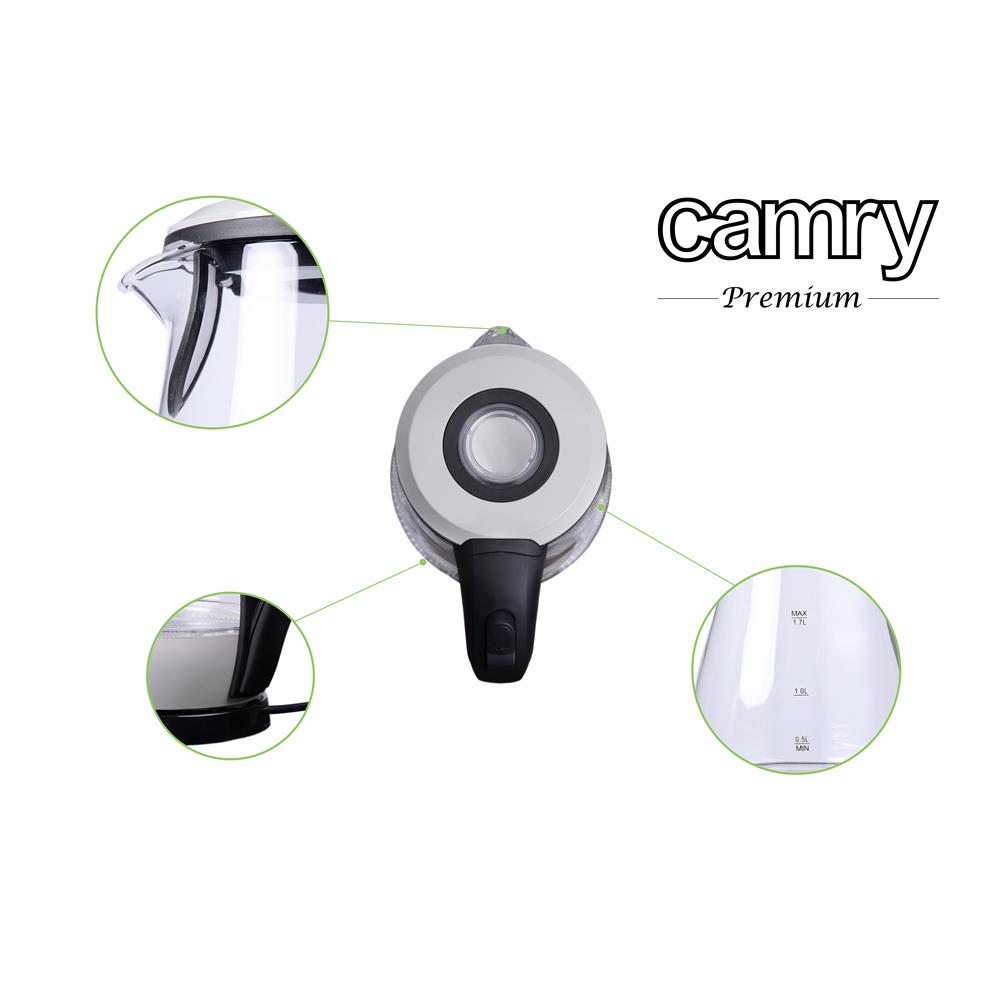 Camry Wasserkocher Glas 1,7L CR 1251w weiß LED beleuchtet kabellos 2200 Watt Glaswasserkocher