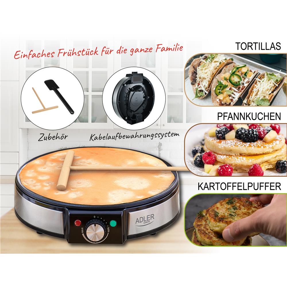 Adler AD 3058 Pfannkuchen- und Crêpe-Maker 30cm mit Antihaftbeschichtung