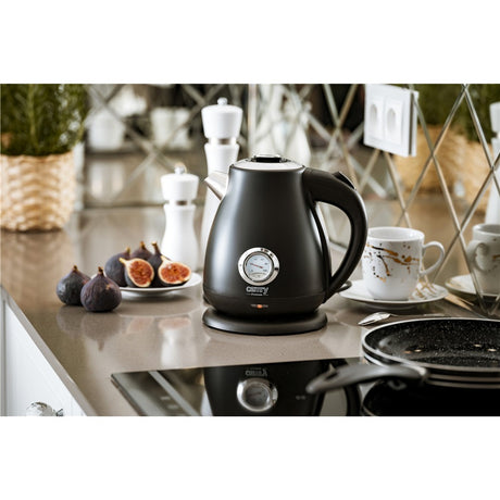 Camry CR 1344b Retro Wasserkocher mit Thermometer, 1,7 L Edelstahl Wasserkocher mit analoger Temperaturanzeige, 360° Basis, Kalkfilter, Teekocher für Tee, Kaffee, Schwarz
