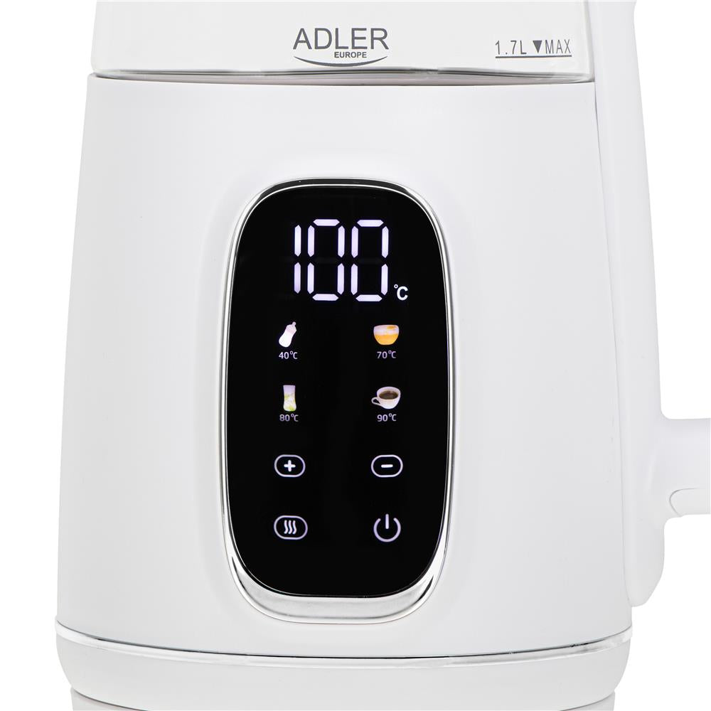 Adler AD 1305 Glas-Wasserkocher 1,7 L mit Temperaturwahl 40–100°C, LED-Display, Warmhaltefunktion 2 Std., 2200 W, Touch-Bedienung weiß silber