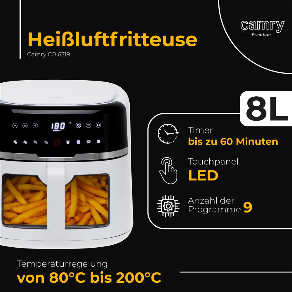 Camry CR 6319 Heißluftfritteuse 8L – XXL Air Fryer mit großem Fassungsvermögen, fettarme Zubereitung und modernes digitales Küchengerät
