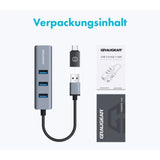 GRAUGEAR 3 Port USB HUB mit Gigabit LAN inkl. USB-C zu USB-A Adapter Erweiterung Aluminium Gehäuse