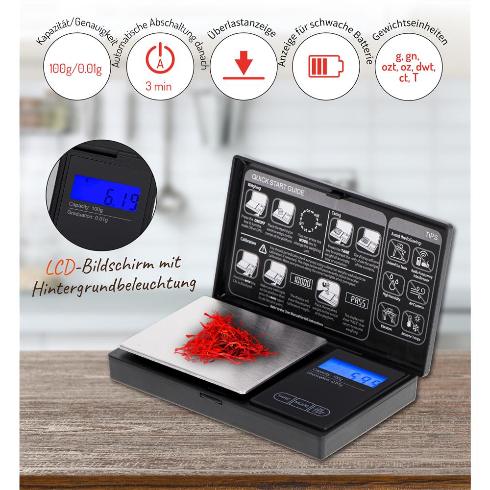 Adler AD 3176 Präzisionswaage Taschenwaage Feinwaage beleuchtete LCD Anzeige schwarz
