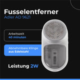 Adler AD 9621 Fusselentferner für Textilien mit Bürste und USB Akku Weiß