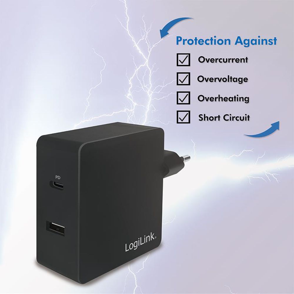 LogiLink Steckdosenadapter Dual-USB mit USB-C (PD) und USB-A, 65W, Schwarz