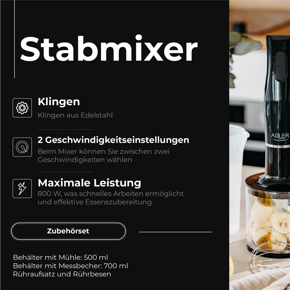 Adler AD 4620 Stabmixer Set – 800 W, 2 Geschwindigkeiten, Edelstahlaufsatz & Zubehör