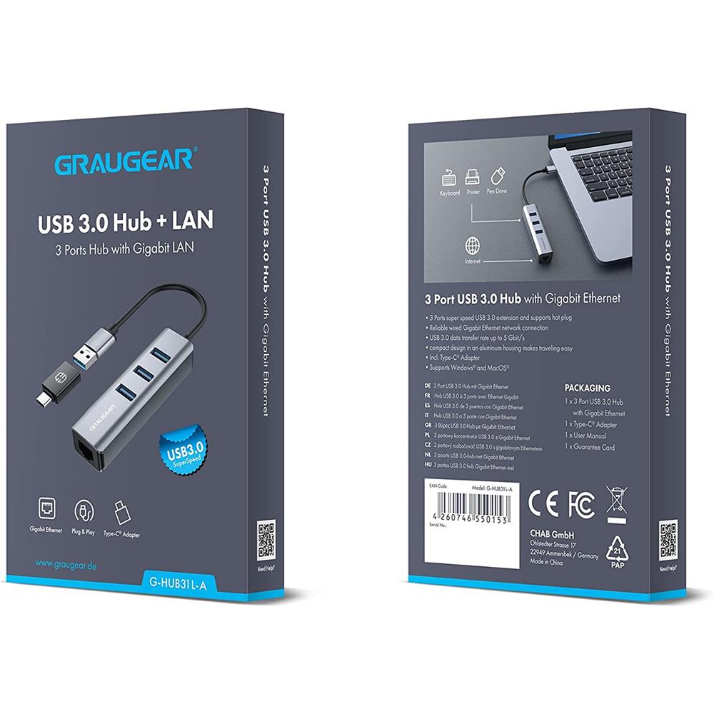 GRAUGEAR 3 Port USB HUB mit Gigabit LAN inkl. USB-C zu USB-A Adapter Erweiterung Aluminium Gehäuse