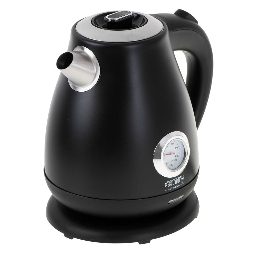 Camry CR 1344b Retro Wasserkocher mit Thermometer, 1,7 L Edelstahl Wasserkocher mit analoger Temperaturanzeige, 360° Basis, Kalkfilter, Teekocher für Tee, Kaffee, Schwarz