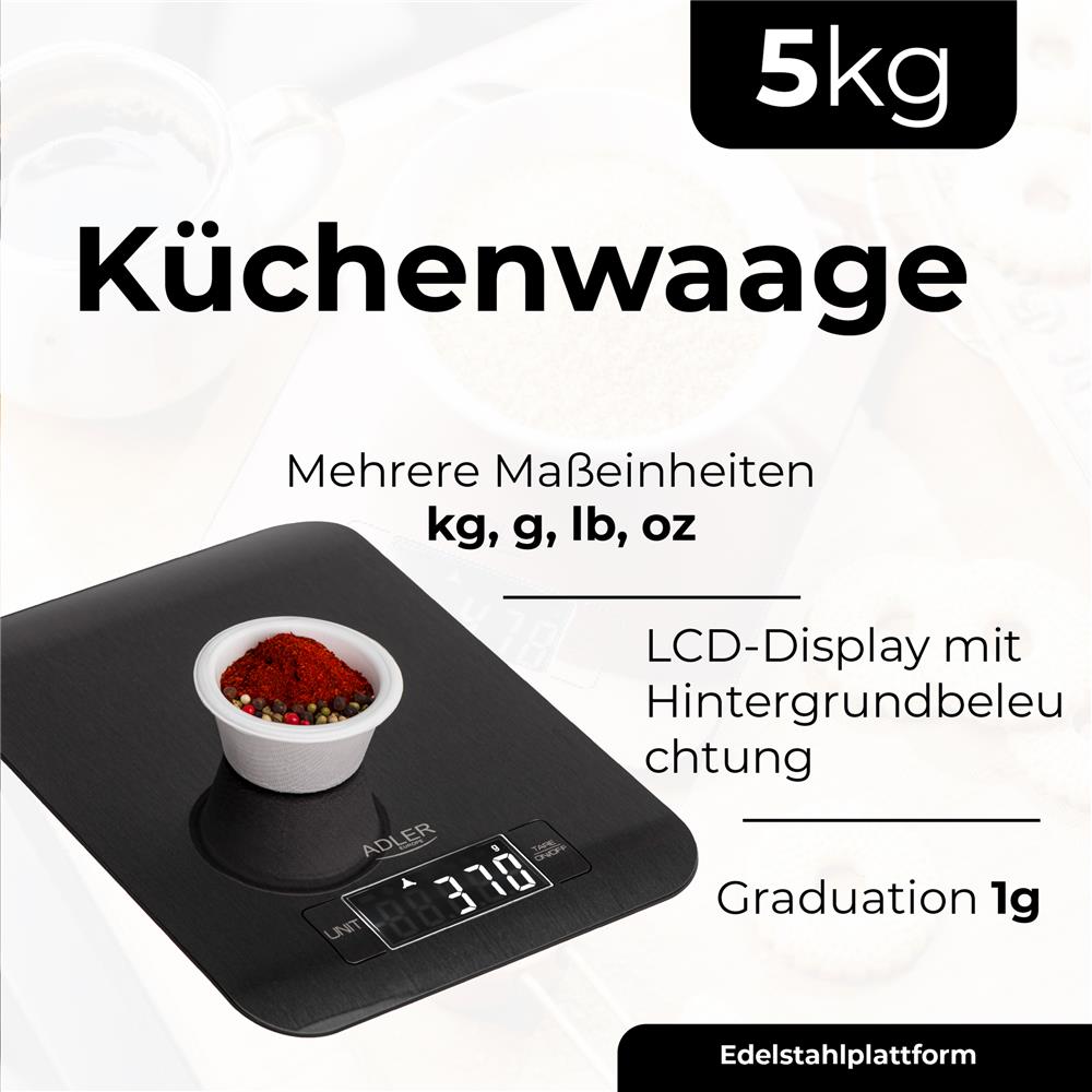 Adler AD 3183 Digitale Küchenwaage mit LCD Anzeige hintergrundbeleuchtet Schwarz