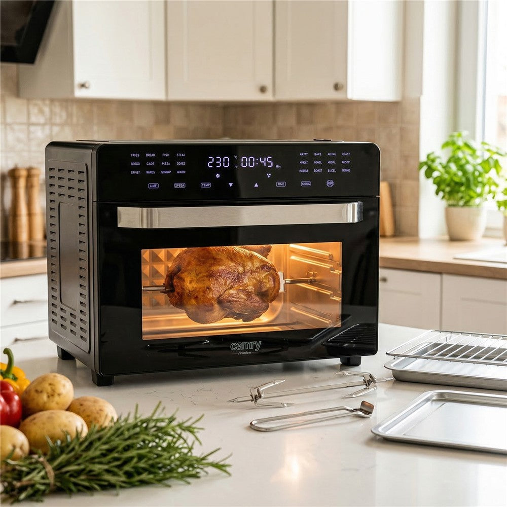 Camry CR 6323 Multifunktions-Heißluftofen 30L, Air Fryer Backofen 10-in-1 mit Grill, Drehspieß, Umluft, 24 Programmen, Touchdisplay, 2200W schwarz