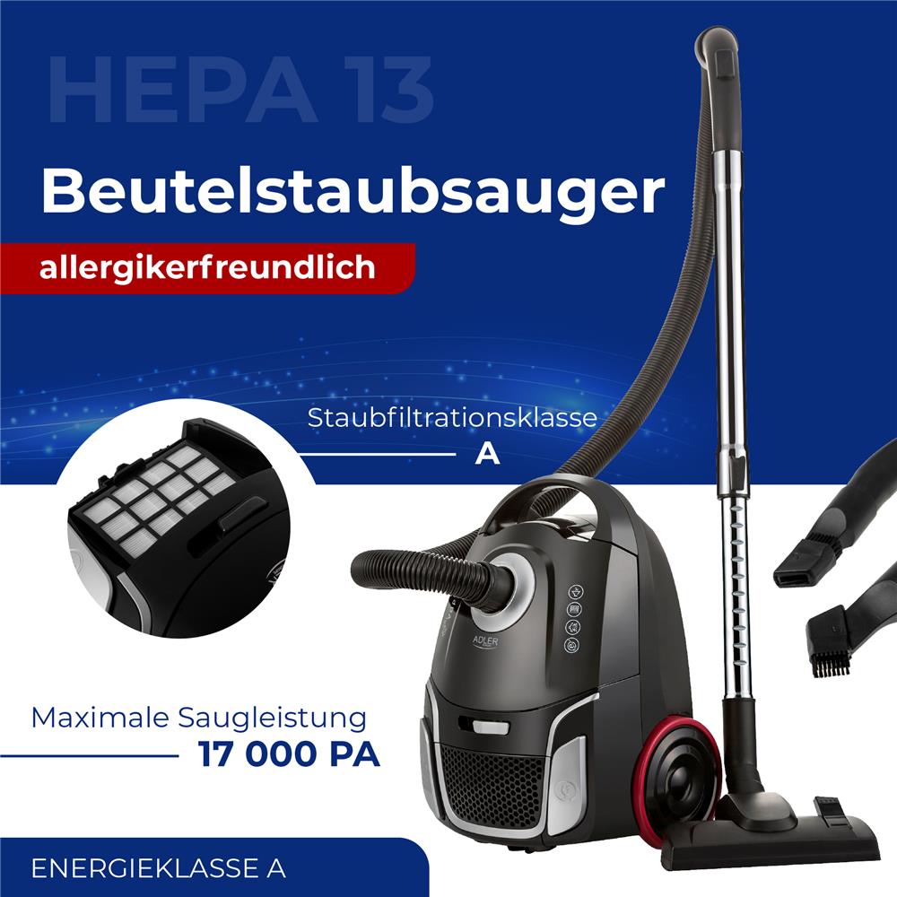 Adler AD 7054 Beutelstaubsauger allergikerfreundlich Bodenstaubsauger Staubsauger schwarz