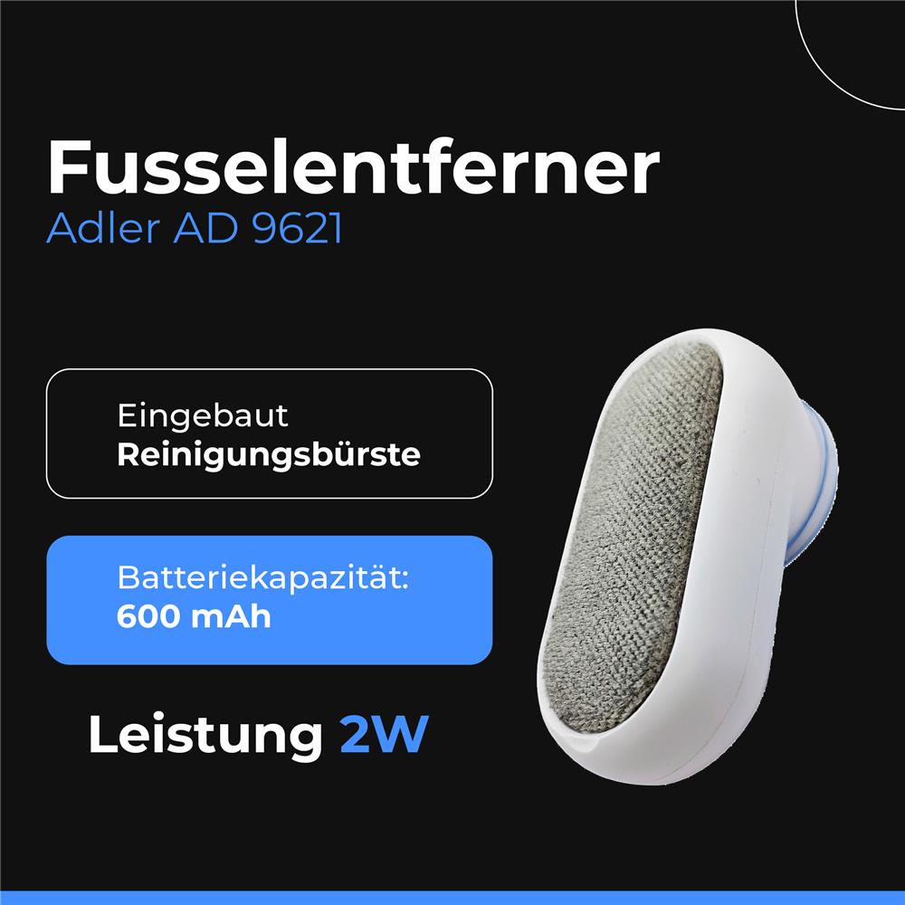 Adler AD 9621 Fusselentferner für Textilien mit Bürste und USB Akku Weiß