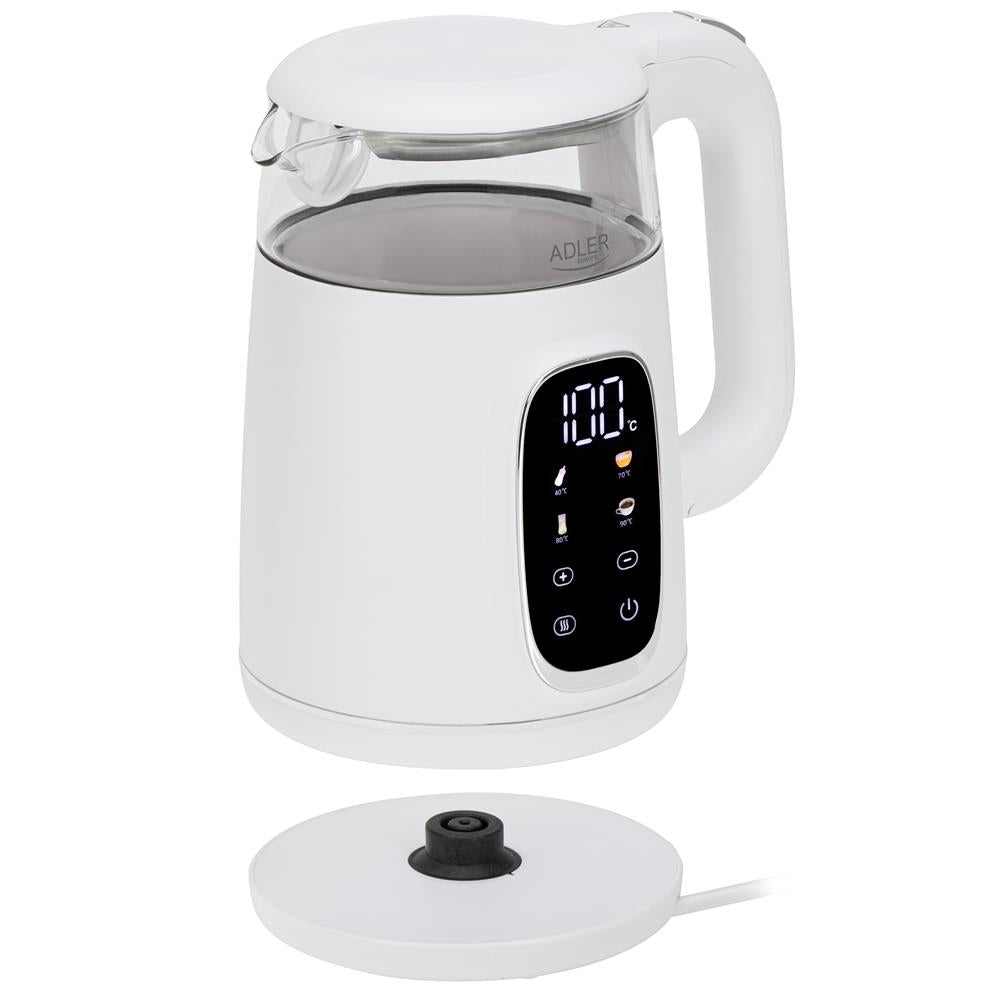 Adler AD 1305 Glas-Wasserkocher 1,7 L mit Temperaturwahl 40–100°C, LED-Display, Warmhaltefunktion 2 Std., 2200 W, Touch-Bedienung weiß silber