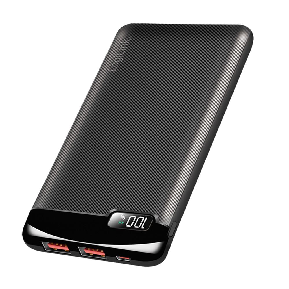 LogiLink PA0286 Powerbank 10000 mAh, 2x USB-A, 1x USB-C, mit Display, PD & QC, schwarz