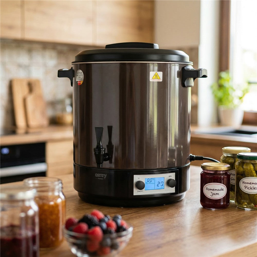 Camry CR 4537 Einkochautomat 28L mit LCD-Display, Edelstahl Einkochtopf mit Zapfhahn, Warmhaltefunktion, Timer 180 Min., 30-100 °C, Glühweinkocher, Getränkespender, 2600W