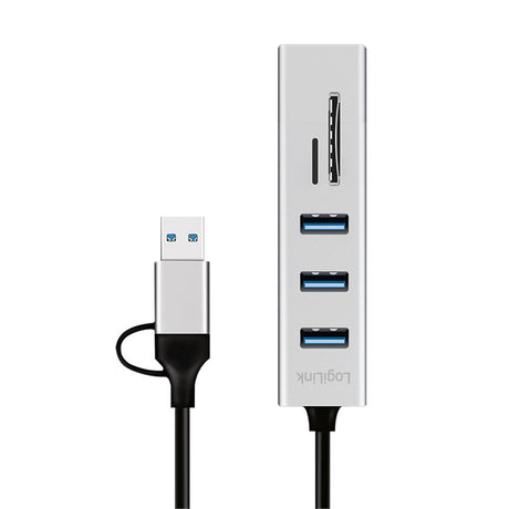 LogiLink USB 3.0 Hub mit Kartenleser, 3 Ports, 2-in-1 Kabel, Silber