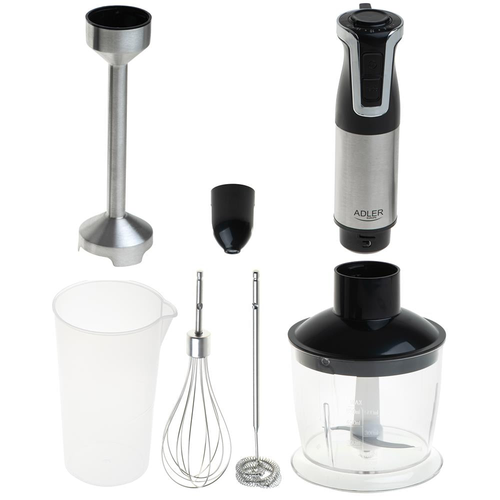 Adler AD 4627 Stabmixer Set elektrischer Handmixer Schneebesen Milchaufschäumer Turbo Funktion silber