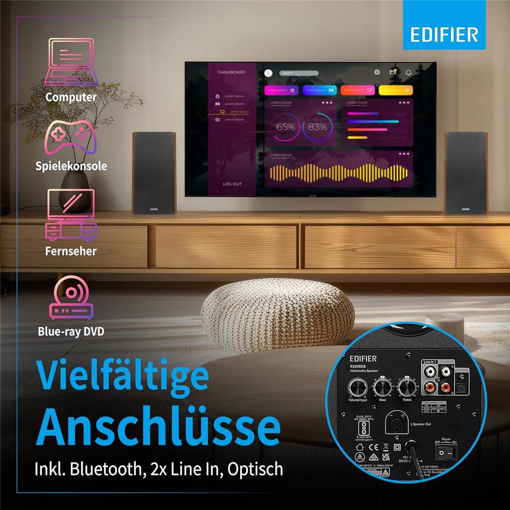 Edifier R2000DB – 2.0 Bluetooth Lautsprecher, 120W RMS, Optical, Warm Oak