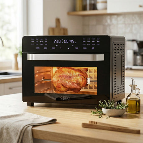 Camry CR 6323 Multifunktions-Heißluftofen 30L, Air Fryer Backofen 10-in-1 mit Grill, Drehspieß, Umluft, 24 Programmen, Touchdisplay, 2200W schwarz