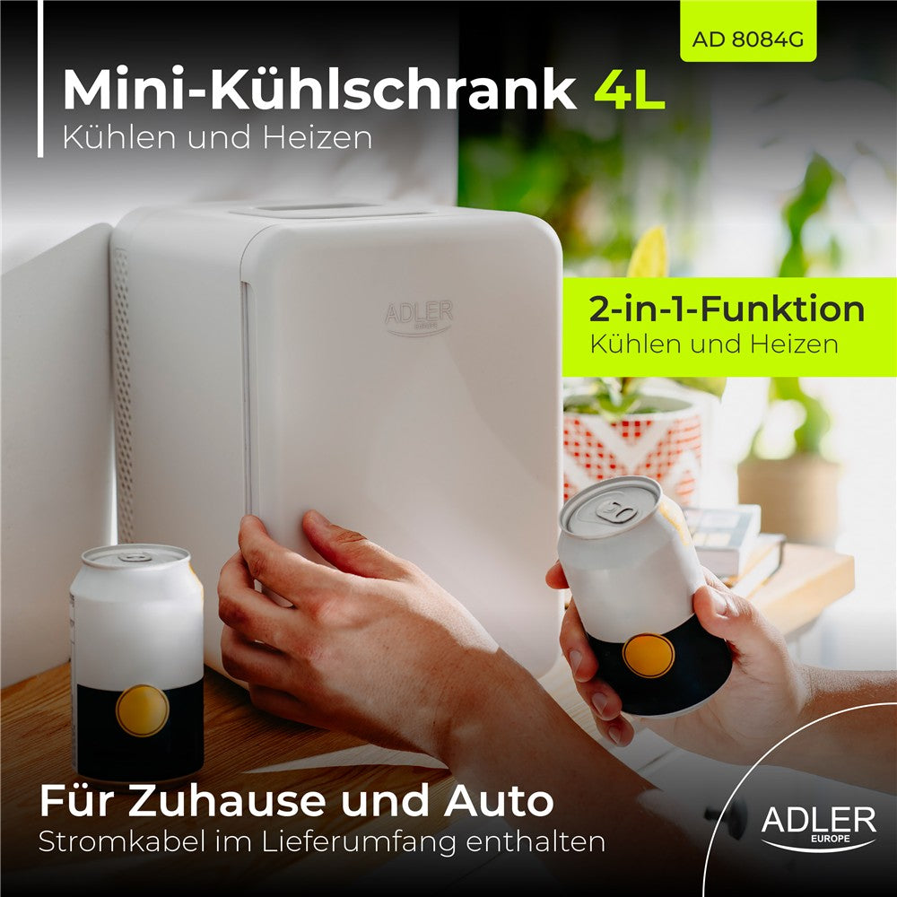 Adler AD 8084g Mini Kühlschrank 4 L, thermoelektrische Kühlbox, klein, tragbar, mit Kühl- und Heizfunktion, für Auto und Zuhause, Kosmetikkühlschrank, Getränkekühler, Grau