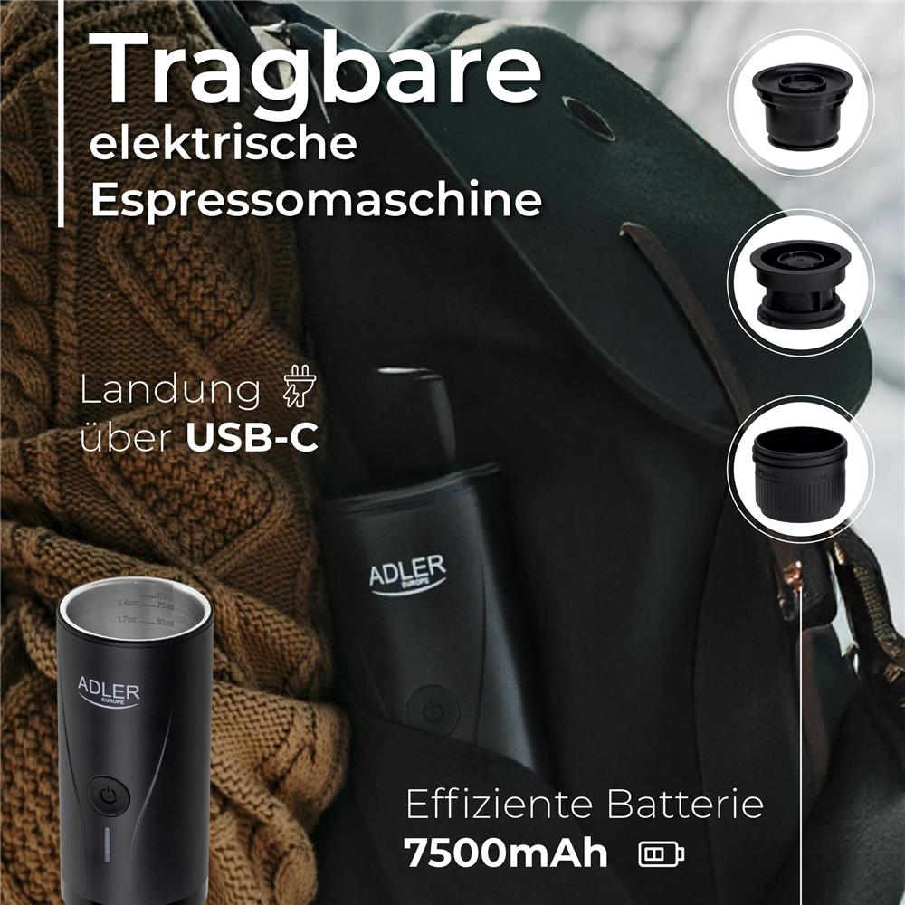 Adler AD 4400 tragbare elektrische Espressomaschine mit Wasserheizfunktion, 20 Bar, Akku