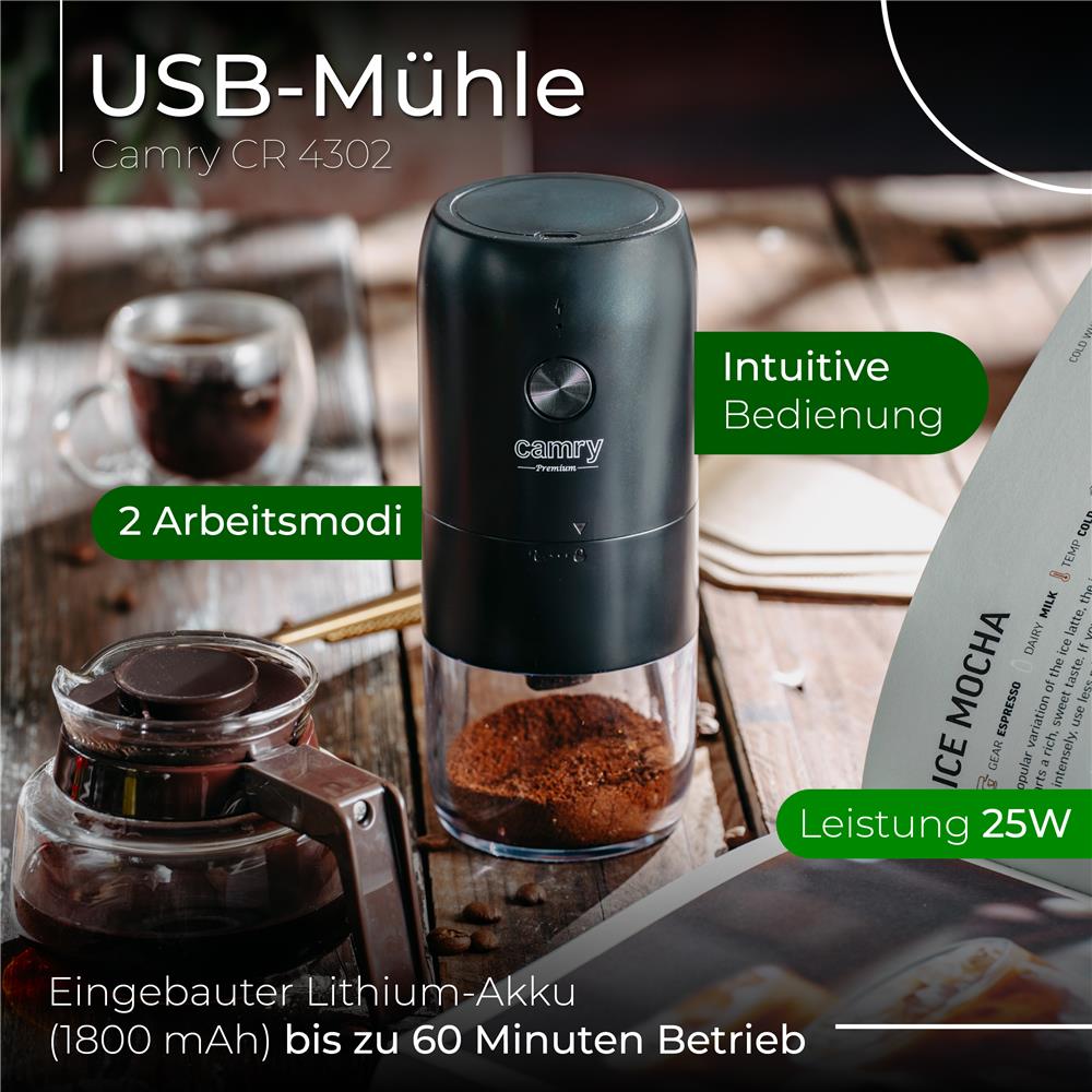 Camry CR 4302 kabellose elektrische USB-Kaffeemühle mit Keramikfräser, Akku, schwarz