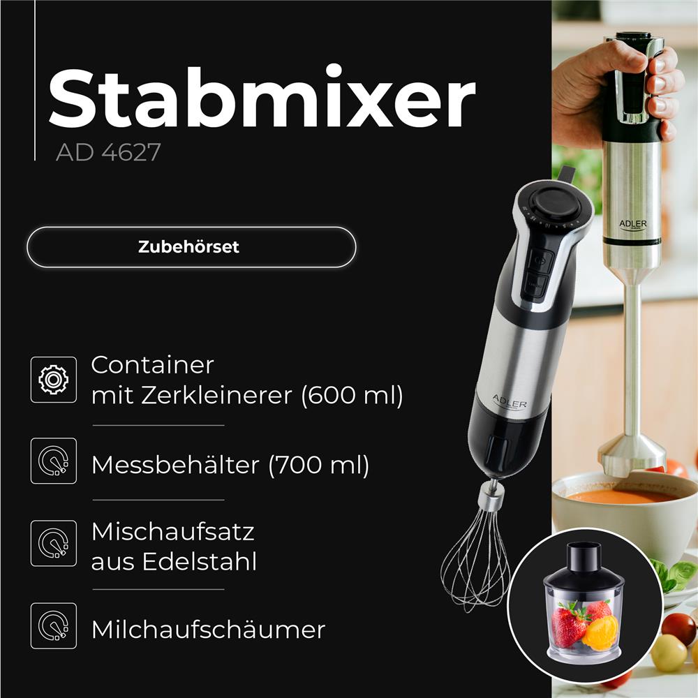Adler AD 4627 Stabmixer Set elektrischer Handmixer Schneebesen Milchaufschäumer Turbo Funktion silber