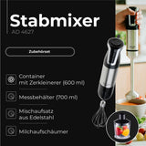 Adler AD 4627 Stabmixer Set elektrischer Handmixer Schneebesen Milchaufschäumer Turbo Funktion silber