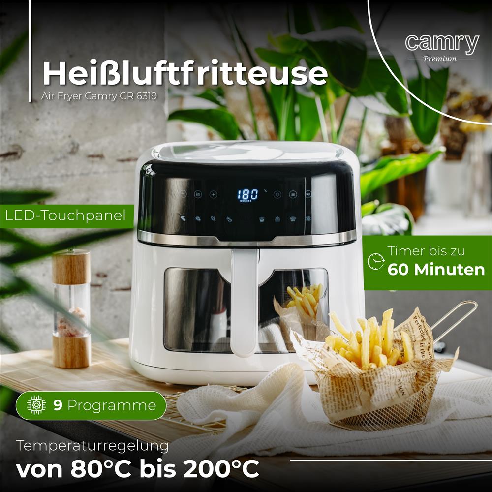 Camry CR 6319 Heißluftfritteuse 8L – XXL Air Fryer mit großem Fassungsvermögen, fettarme Zubereitung und modernes digitales Küchengerät