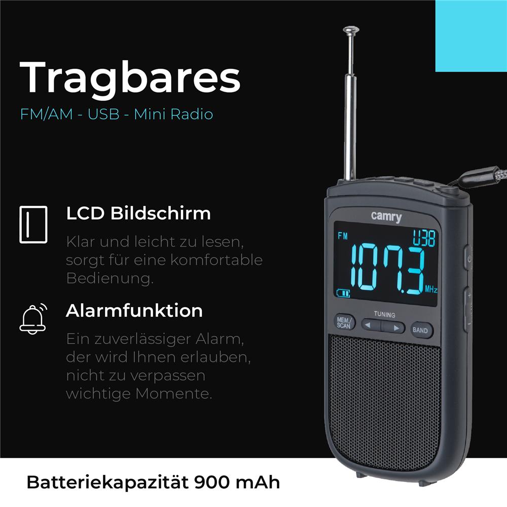 Camry CR 1905 Tragbares Mini Radio USB Taschenradio mit Akku Radiowecker schwarz
