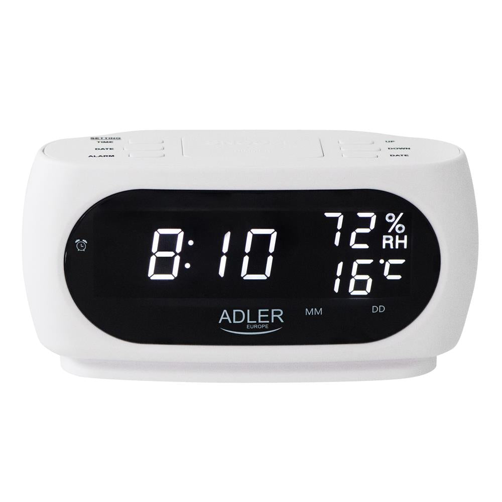 Adler AD 1186 LED Wecker mit Thermometer Datum Luftfeuchtigkeit Batterie weiß
