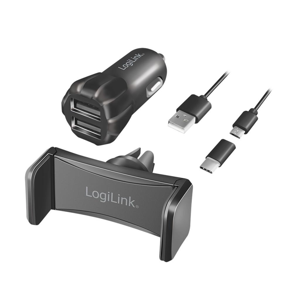 LogiLink USB Doppel Kfz Ladegerät + Smartphone Halterung im Set