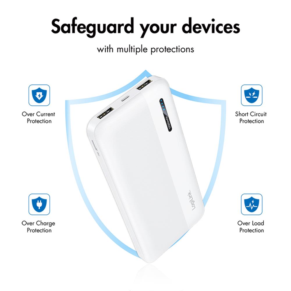 LogiLink Powerbank 10.000 mAh, 2× USB-A, 1× USB-C, Schnellladen, Weiß