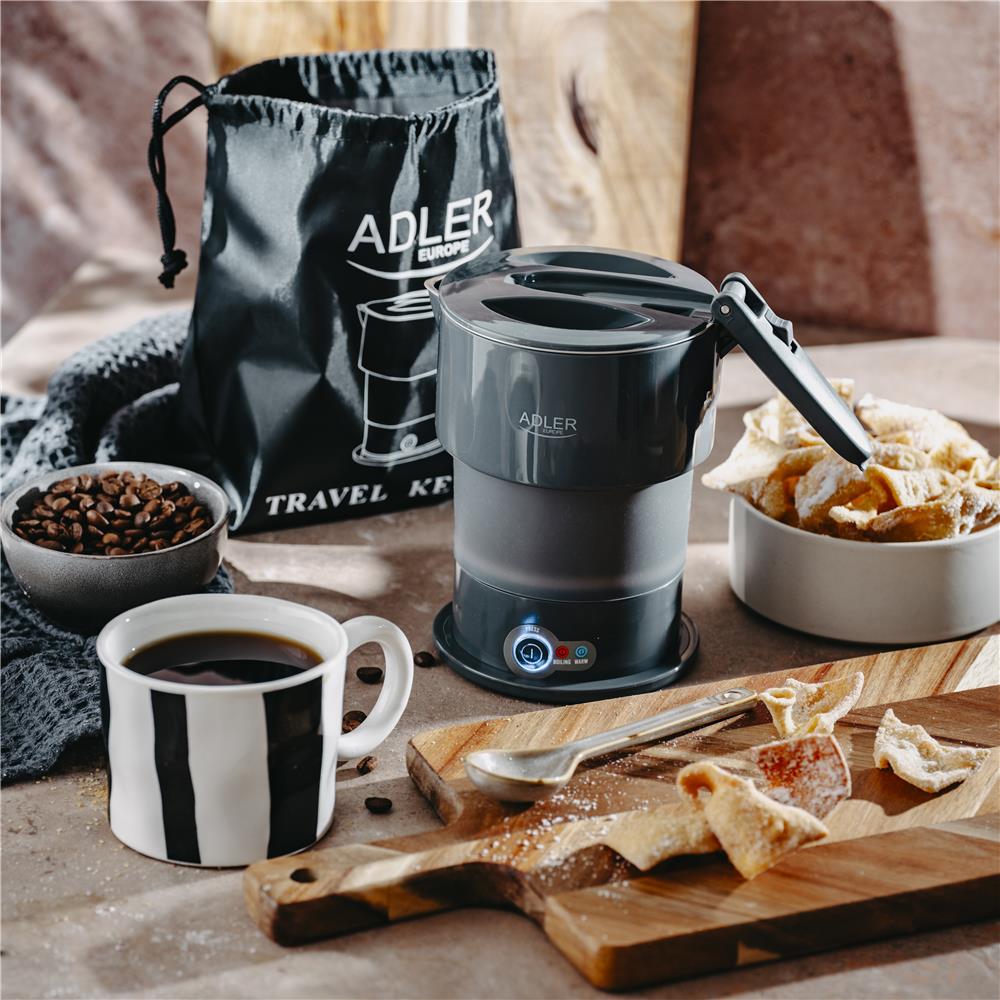 Adler AD 1377 Reise Wasserkocher 0,6 L faltbares Silikongehäuse Camping grau