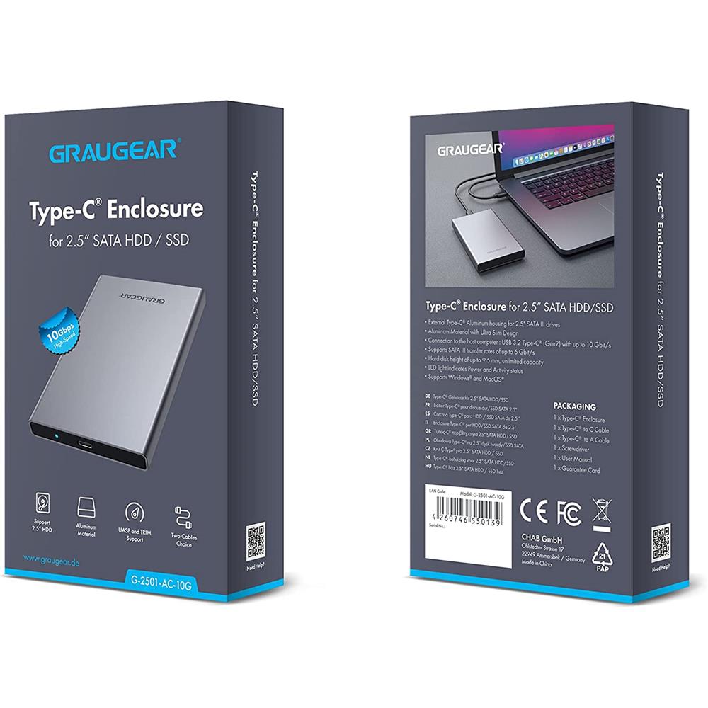 GRAUGEAR USB Type-C Gehäuse für 2,5" HDD/SSD, Aluminiumgehäuse