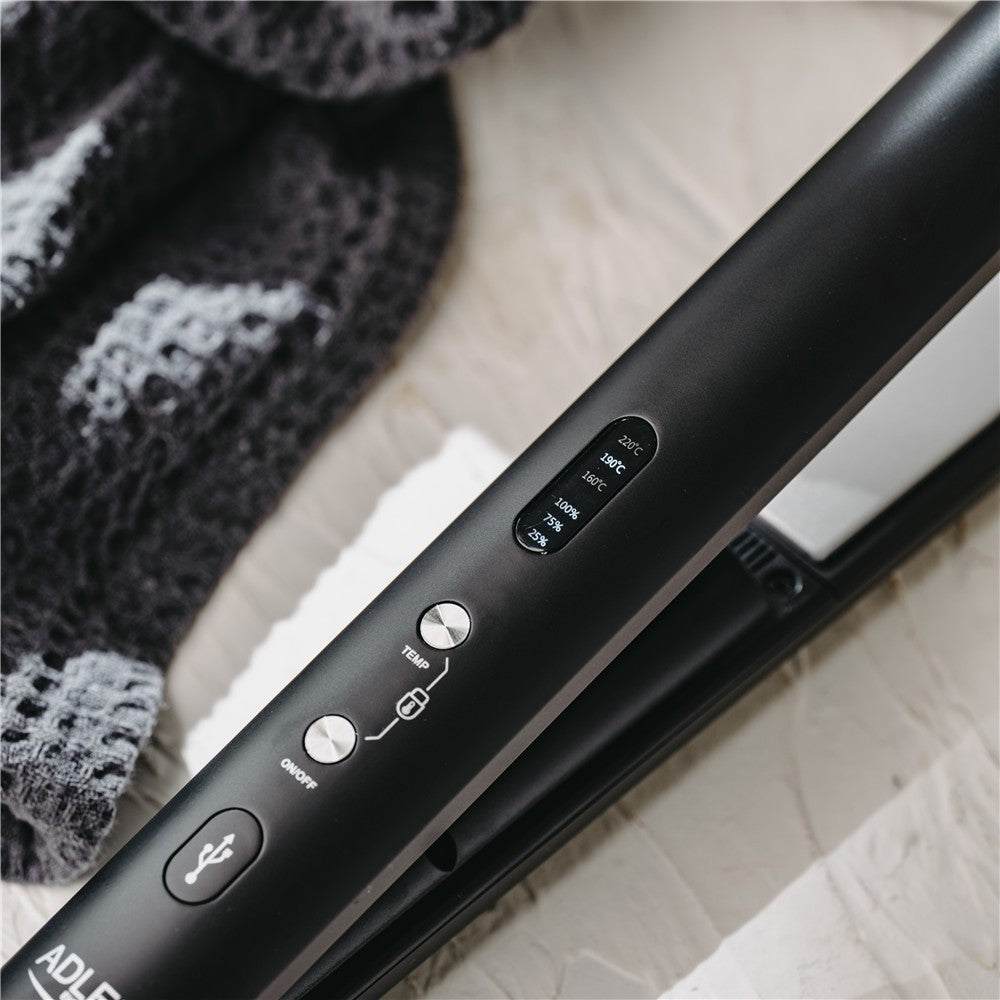 Adler AD 2327b Akku Glätteisen kabellos, USB-C Reise-Haarglätter mit Keramikplatten, LED-Display, 3 Temperaturstufen, Aufbewahrungsbeutel, Schwarz