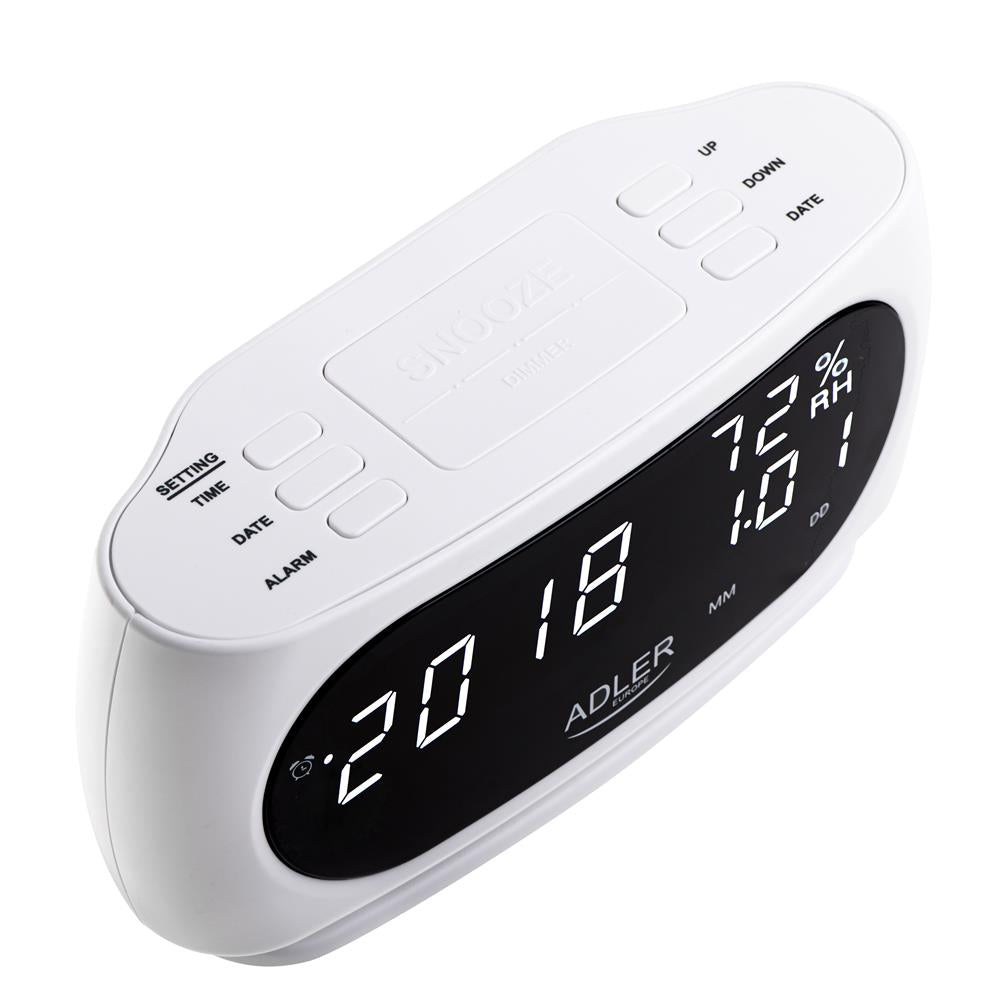 Adler AD 1186 LED Wecker mit Thermometer Datum Luftfeuchtigkeit Batterie weiß
