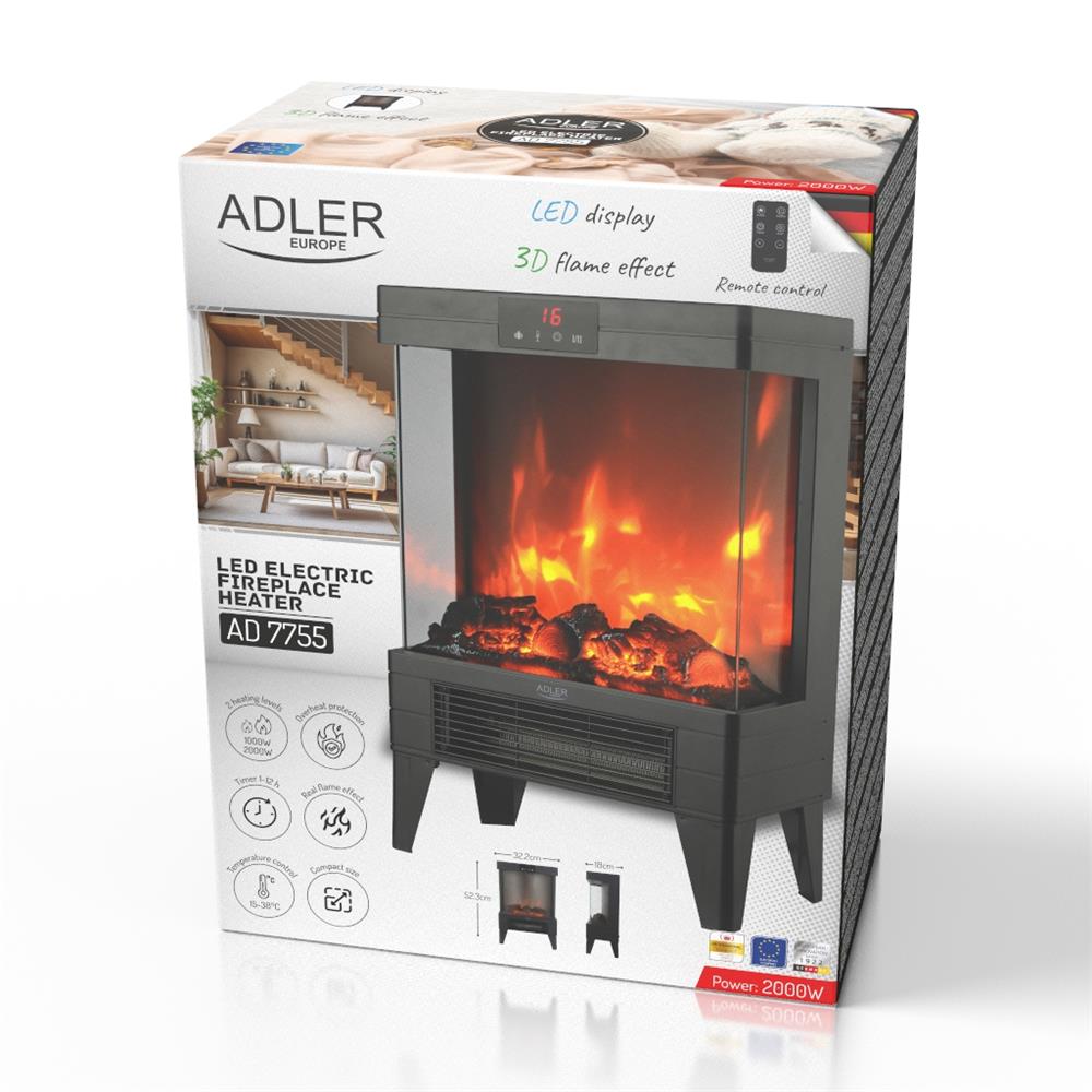 Adler AD 7755 Elektrokamin Schwarz mit 3D Flamme einstellbare Temperatur